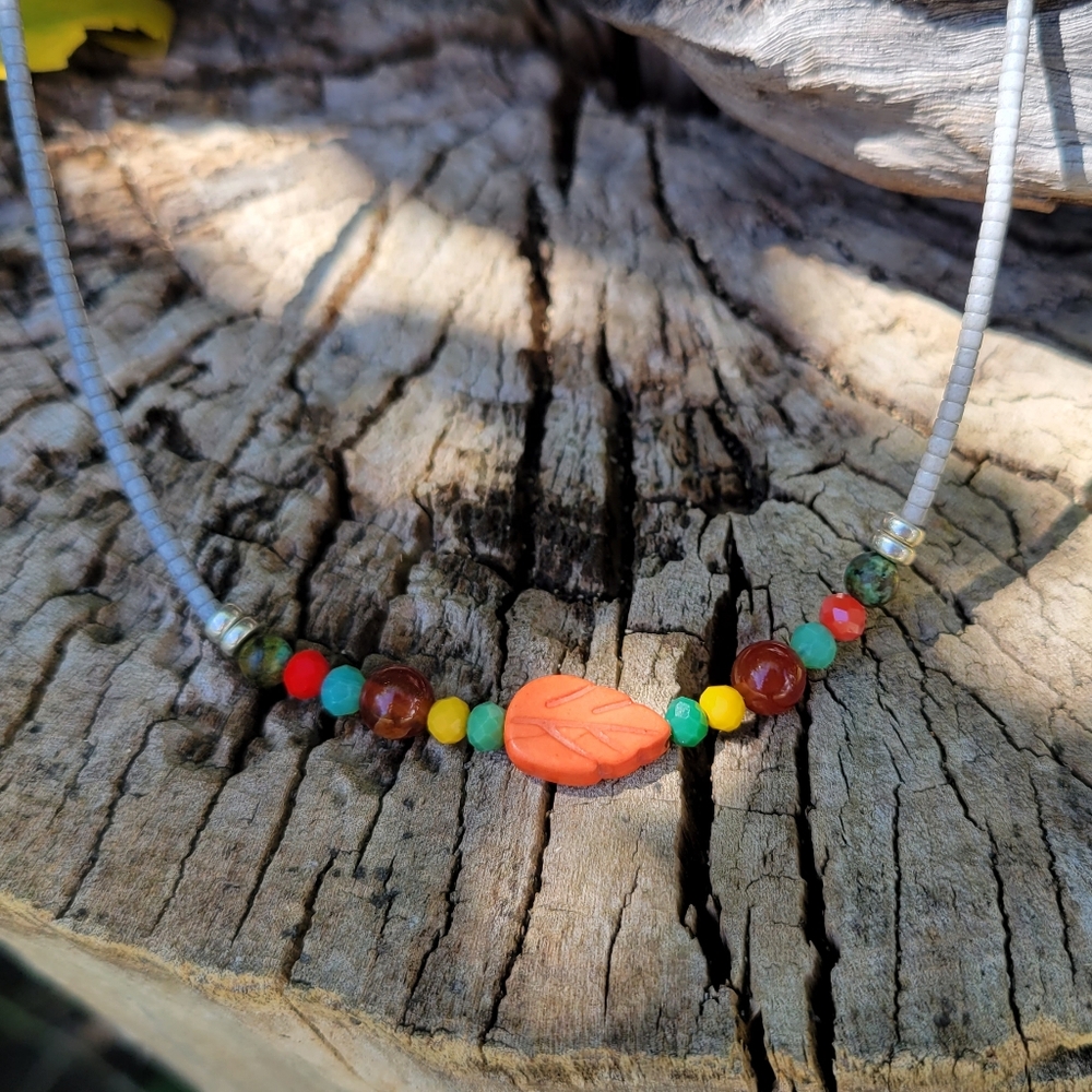 Fall Leaf and beaded dainty choker necklace